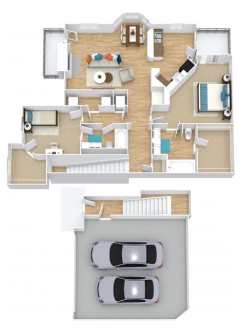 Floor plan for 2 beds, 2 baths, 1390 sqft